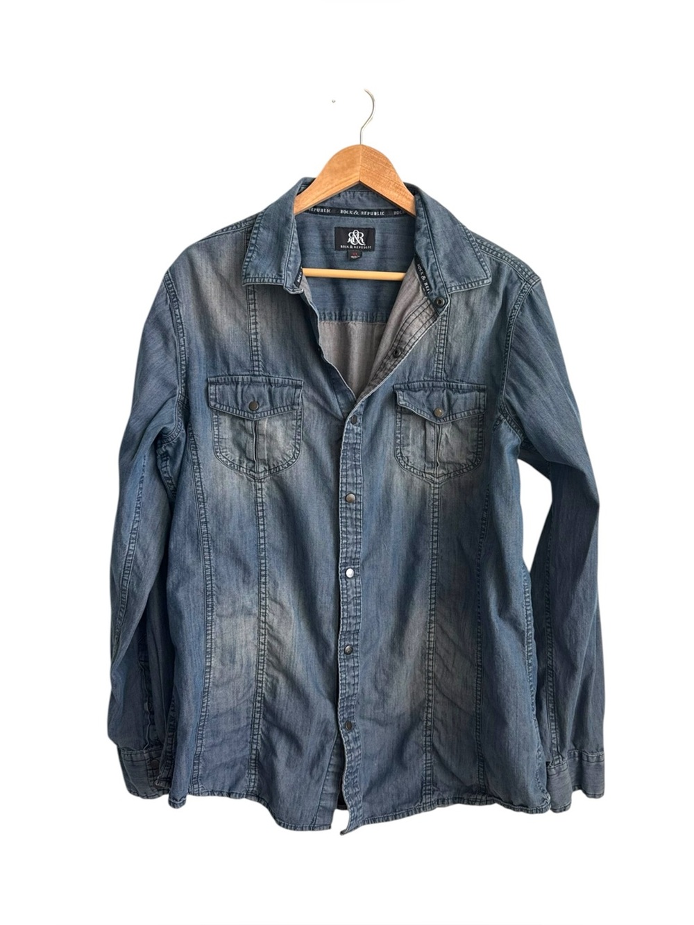 Rock & Republic Faded Denim Snap Button Western Shirt Men's XL Blue